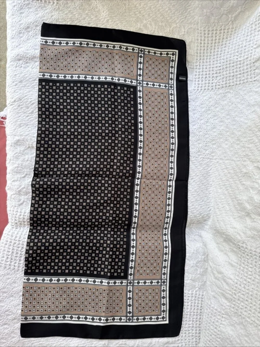 Elan 36” Square Scarf Geometric Silky Handkerchief Black Brown Cream NEW